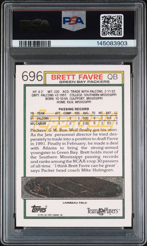 Brett Favre 1992 Topps Gold Green Bay Packers Signed Football Card #696 Authentic Auto 10 Graded PSA 6 Cert #145083903-Powers Sports Memorabilia