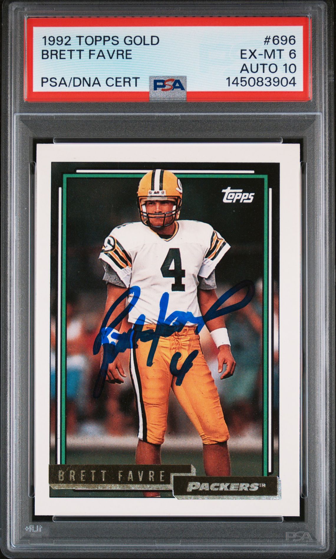 Brett Favre 1992 Topps Gold Green Bay Packers Signed Football Card #696 Authentic Auto 10 Graded PSA 6 Cert #145083904-Powers Sports Memorabilia