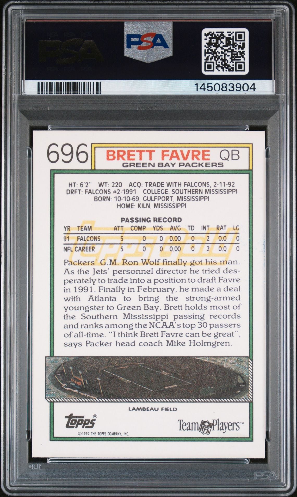 Brett Favre 1992 Topps Gold Green Bay Packers Signed Football Card #696 Authentic Auto 10 Graded PSA 6 Cert #145083904-Powers Sports Memorabilia