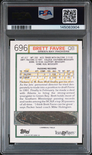 Brett Favre 1992 Topps Gold Green Bay Packers Signed Football Card #696 Authentic Auto 10 Graded PSA 6 Cert #145083904-Powers Sports Memorabilia