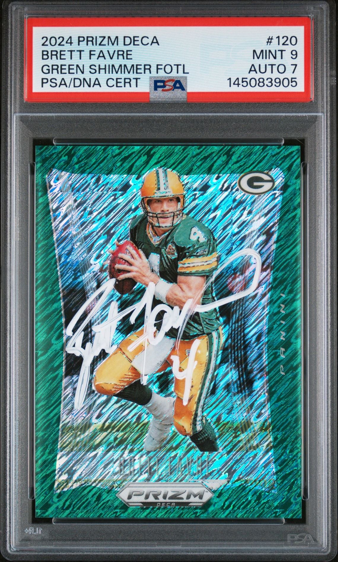 Brett Favre 2024 Panini Prizm Deca Green Shimmer FOTL Green Bay Packers Signed Football Card #120 FOTL Authentic Auto 7 Graded PSA 9 Cert #145083905 8/12-Powers Sports Memorabilia