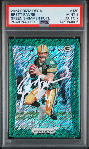 Brett Favre 2024 Panini Prizm Deca Green Shimmer FOTL Green Bay Packers Signed Football Card #120 FOTL Authentic Auto 7 Graded PSA 9 Cert #145083905 8/12-Powers Sports Memorabilia