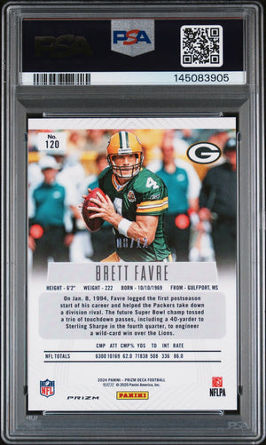 Brett Favre 2024 Panini Prizm Deca Green Shimmer FOTL Green Bay Packers Signed Football Card #120 FOTL Authentic Auto 7 Graded PSA 9 Cert #145083905 8/12-Powers Sports Memorabilia