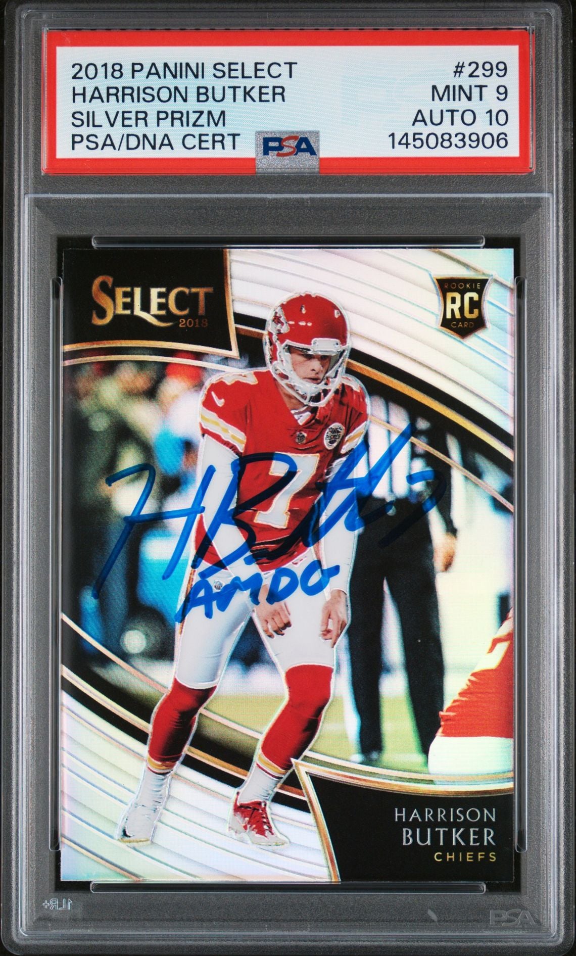 Harrison Butker 2018 Panini Select Silver Prizm Kansas City Chiefs Signed Football Rookie Card #299 Auto 10 Graded PSA 9 Cert #145083906-Powers Sports Memorabilia
