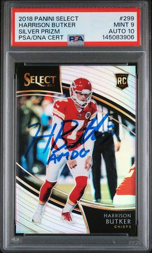 Harrison Butker 2018 Panini Select Silver Prizm Kansas City Chiefs Signed Football Rookie Card #299 Auto 10 Graded PSA 9 Cert #145083906-Powers Sports Memorabilia