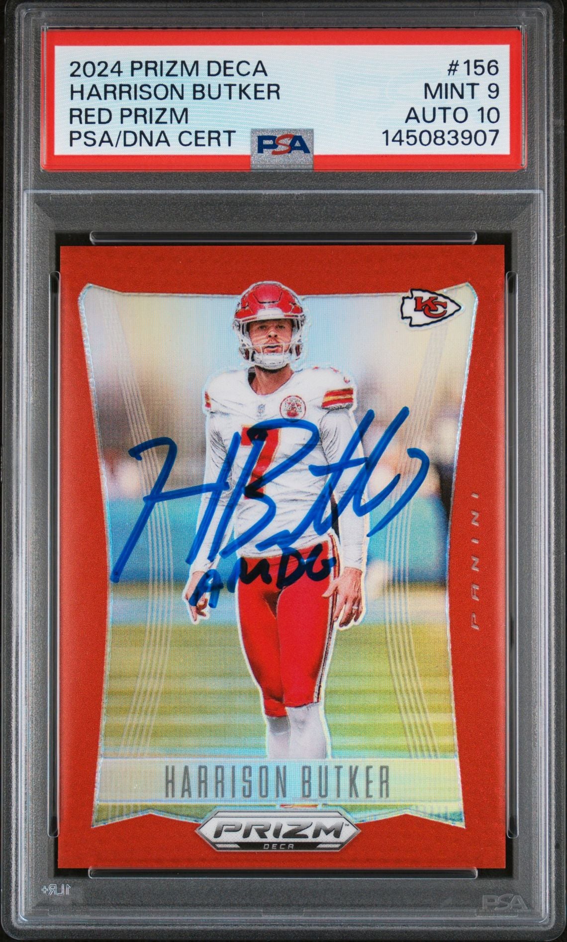 Harrison Butker 2024 Panini Prizm Deca Red Kansas City Chiefs Signed Football Card #156 Auto 10 Graded PSA 9 Cert #145083907 37/199-Powers Sports Memorabilia