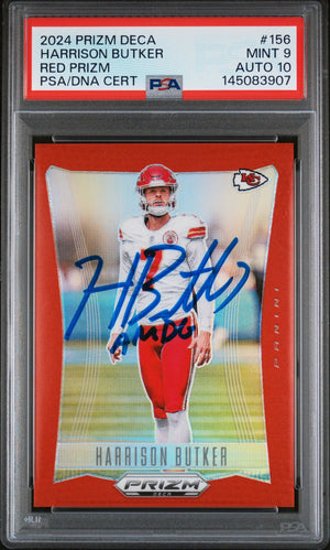 Harrison Butker 2024 Panini Prizm Deca Red Kansas City Chiefs Signed Football Card #156 Auto 10 Graded PSA 9 Cert #145083907 37/199-Powers Sports Memorabilia