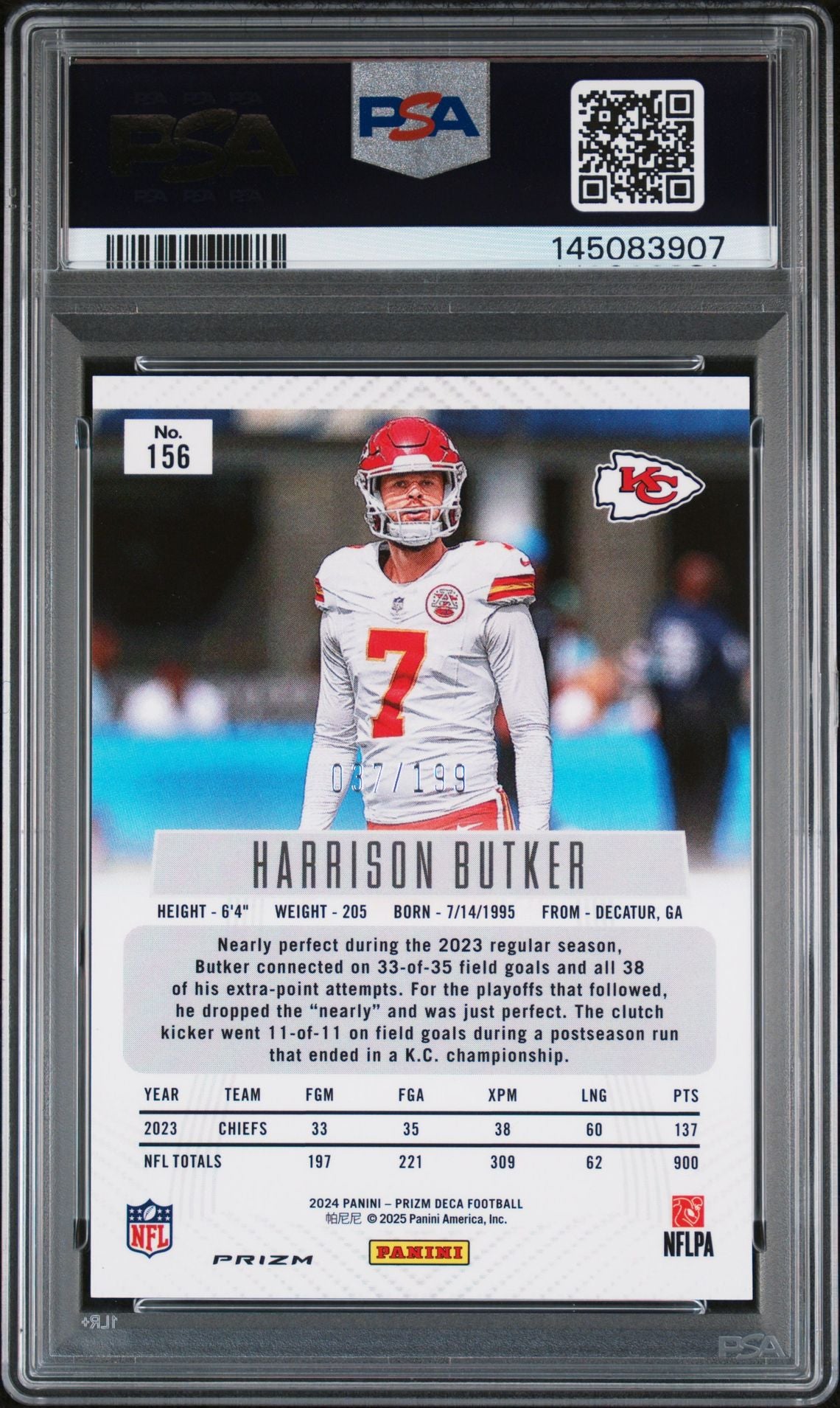 Harrison Butker 2024 Panini Prizm Deca Red Kansas City Chiefs Signed Football Card #156 Auto 10 Graded PSA 9 Cert #145083907 37/199-Powers Sports Memorabilia