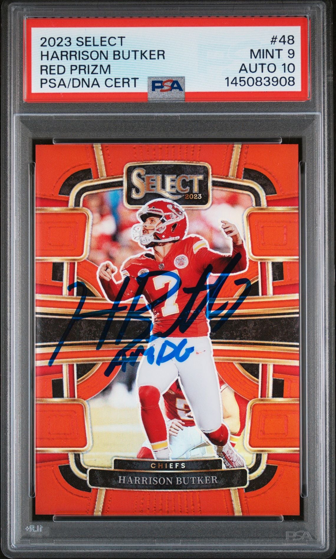 Harrison Butker 2023 Panini Select Red Prizm Kansas City Chiefs Signed Football Card #48 Auto 10 Graded PSA 9 Cert #145083908 25/99-Powers Sports Memorabilia