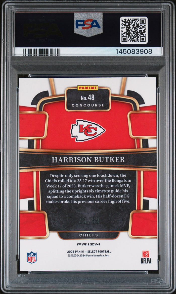 Harrison Butker 2023 Panini Select Red Prizm Kansas City Chiefs Signed Football Card #48 Auto 10 Graded PSA 9 Cert #145083908 25/99-Powers Sports Memorabilia