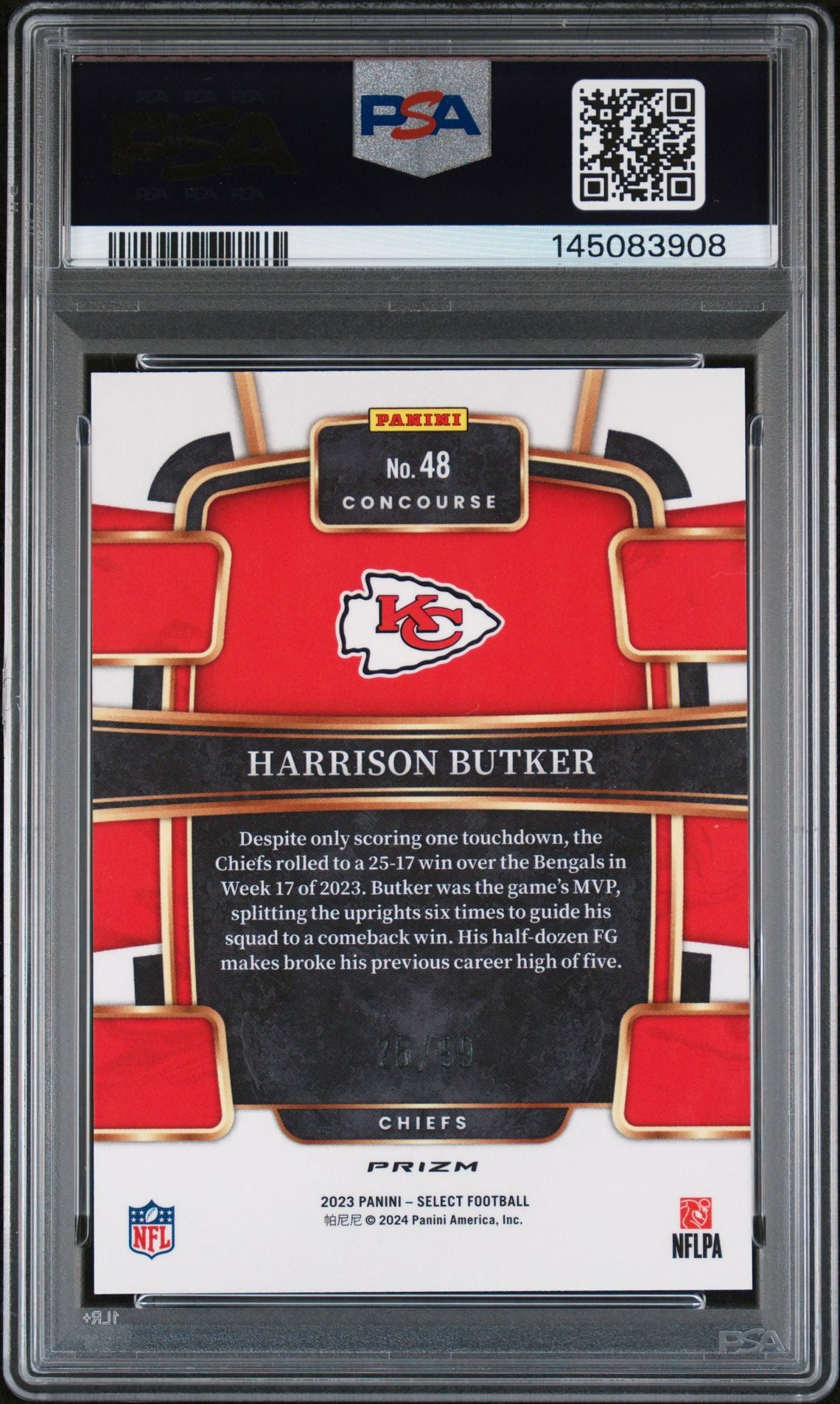 Harrison Butker 2023 Panini Select Red Prizm Kansas City Chiefs Signed Football Card #48 Auto 10 Graded PSA 9 Cert #145083908 25/99-Powers Sports Memorabilia