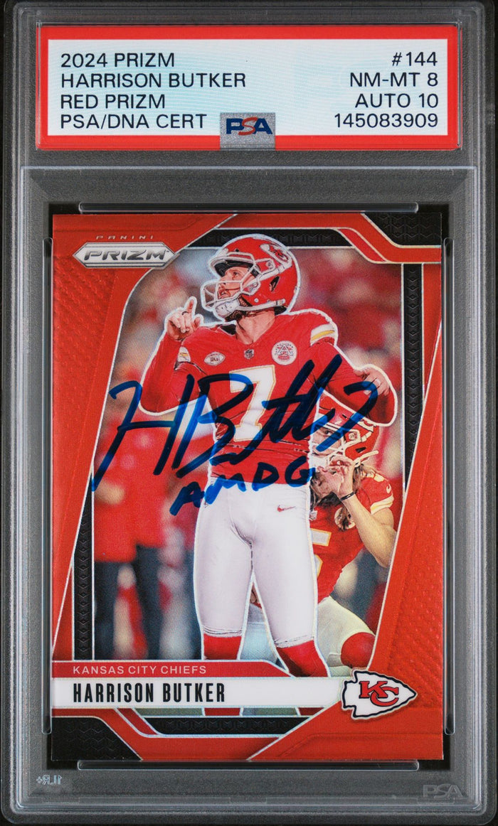 Harrison Butker 2024 Panini Prizm Red Kansas City Chiefs Signed Football Card #144 Auto 10 Graded PSA 8 Cert #145083909-Powers Sports Memorabilia
