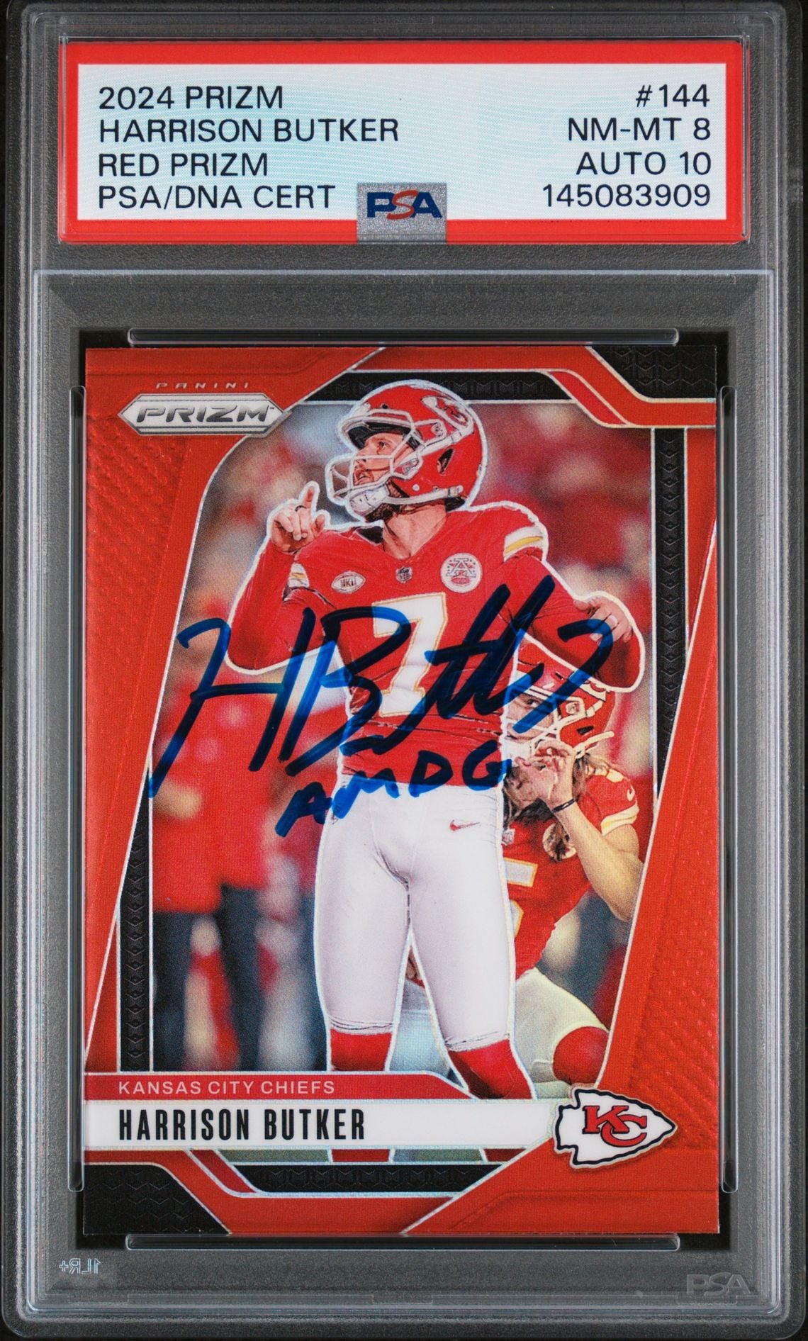 Harrison Butker 2024 Panini Prizm Red Kansas City Chiefs Signed Football Card #144 Auto 10 Graded PSA 8 Cert #145083909-Powers Sports Memorabilia