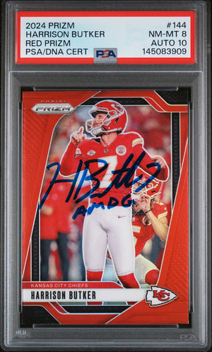 Harrison Butker 2024 Panini Prizm Red Kansas City Chiefs Signed Football Card #144 Auto 10 Graded PSA 8 Cert #145083909-Powers Sports Memorabilia