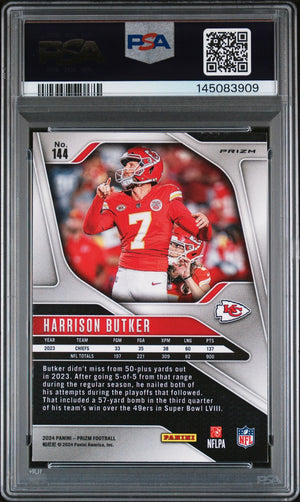 Harrison Butker 2024 Panini Prizm Red Kansas City Chiefs Signed Football Card #144 Auto 10 Graded PSA 8 Cert #145083909-Powers Sports Memorabilia