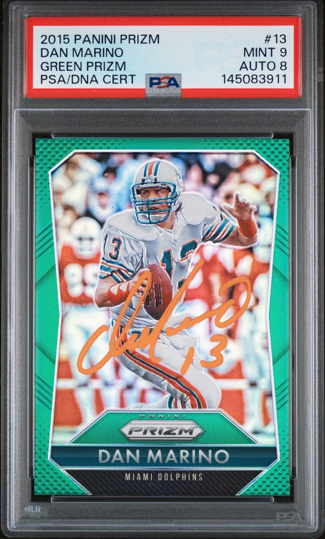 Dan Marino 2015 Panini Prizm Green Miami Dolphins Signed Football Card #13 Auto 8 Graded PSA 9 Cert #145083911-Powers Sports Memorabilia