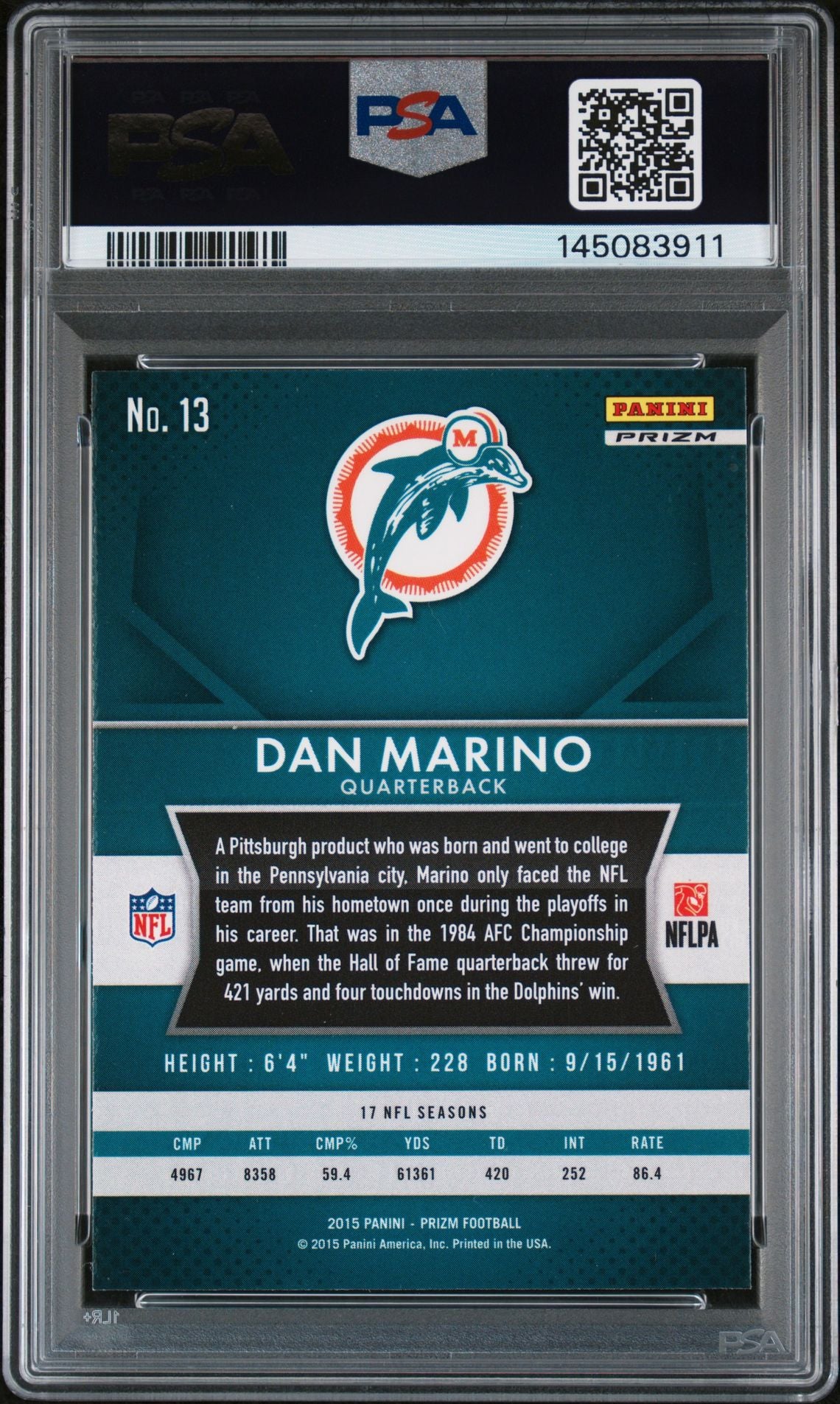 Dan Marino 2015 Panini Prizm Green Miami Dolphins Signed Football Card #13 Auto 8 Graded PSA 9 Cert #145083911-Powers Sports Memorabilia
