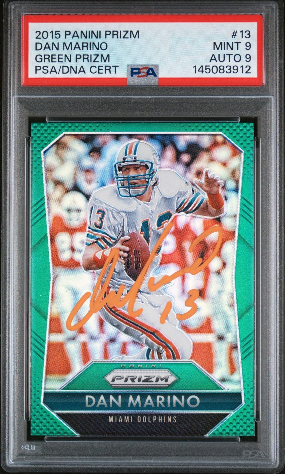Dan Marino 2015 Panini Prizm Green Miami Dolphins Signed Football Card #13 Auto 9 Graded PSA 9 Cert #145083912-Powers Sports Memorabilia