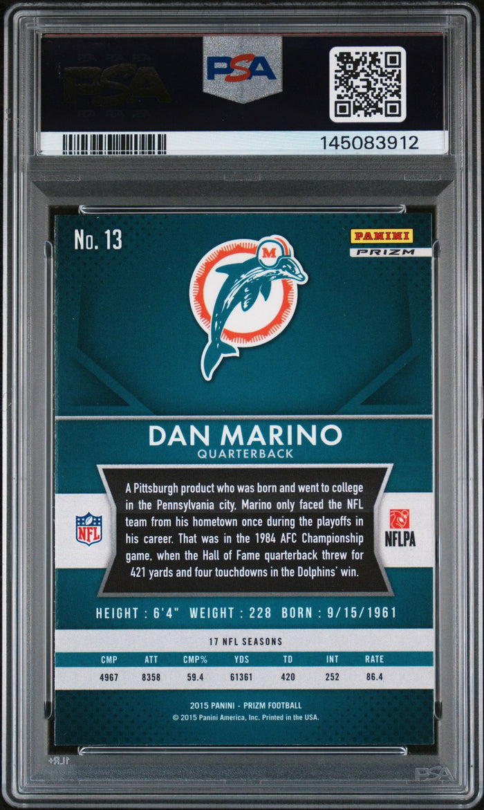 Dan Marino 2015 Panini Prizm Green Miami Dolphins Signed Football Card #13 Auto 9 Graded PSA 9 Cert #145083912-Powers Sports Memorabilia