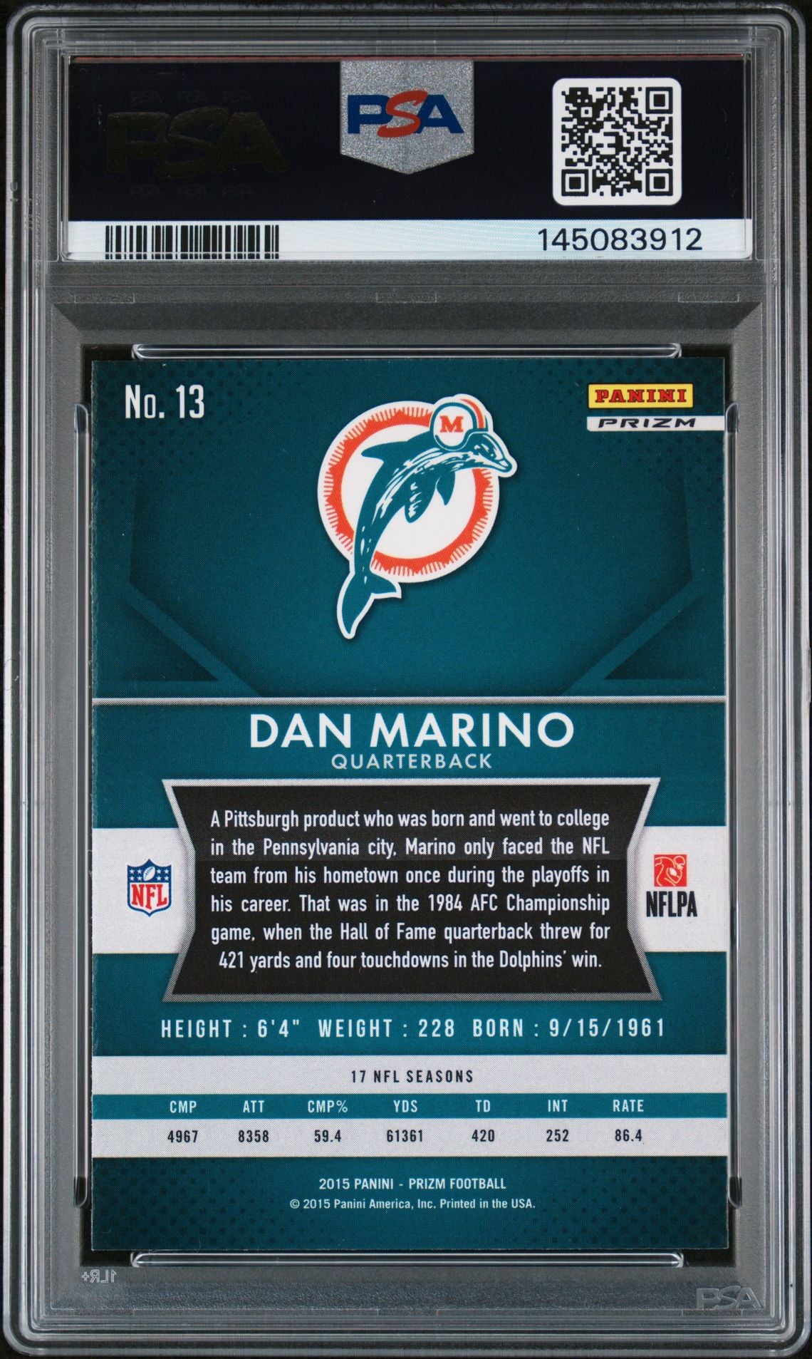 Dan Marino 2015 Panini Prizm Green Miami Dolphins Signed Football Card #13 Auto 9 Graded PSA 9 Cert #145083912-Powers Sports Memorabilia