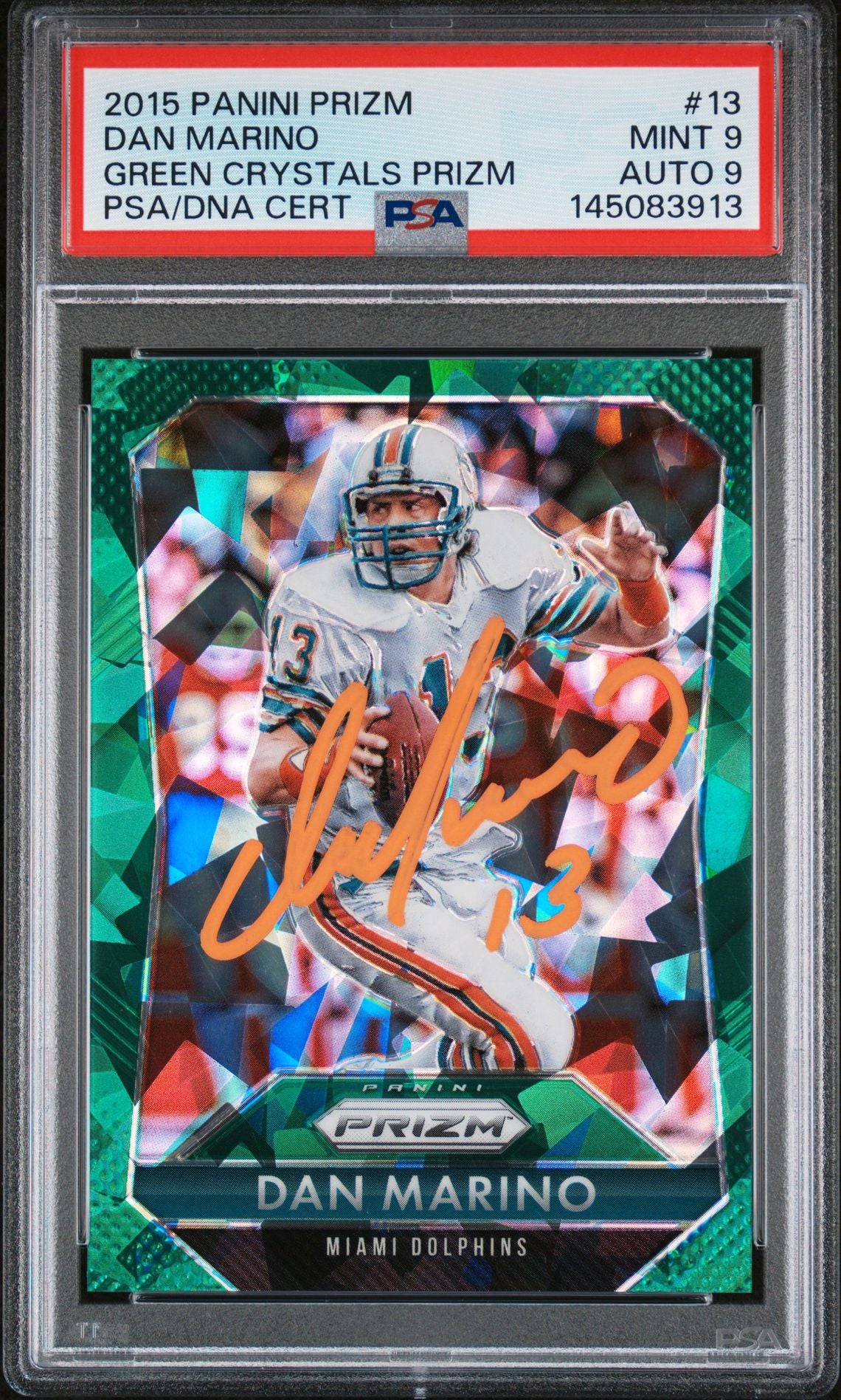 Dan Marino 2015 Panini Prizm Green Crystals Miami Dolphins Signed Football Card #13 Auto 9 Graded PSA 9 Cert #145083913 15/75-Powers Sports Memorabilia