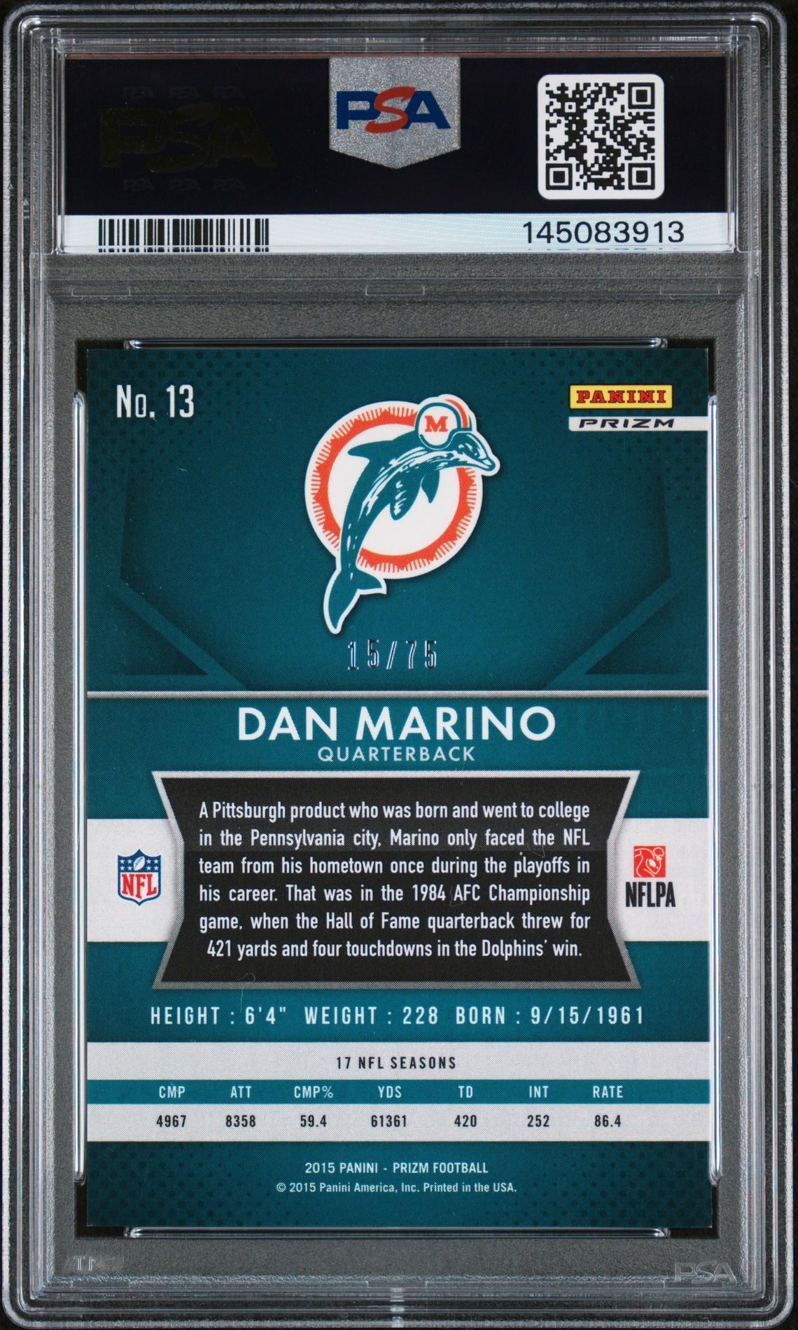 Dan Marino 2015 Panini Prizm Green Crystals Miami Dolphins Signed Football Card #13 Auto 9 Graded PSA 9 Cert #145083913 15/75-Powers Sports Memorabilia