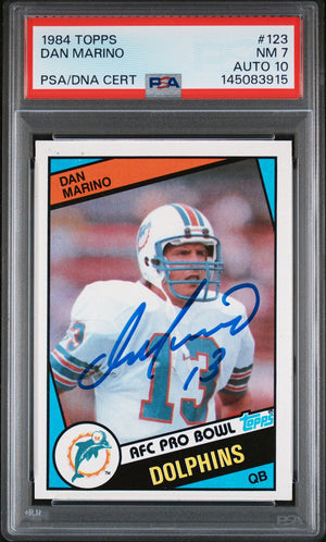 Dan Marino 1984 Topps Miami Dolphins Signed Football RC Rookie Card #123 Auto 10 Graded PSA 7 Cert #145083915-Powers Sports Memorabilia