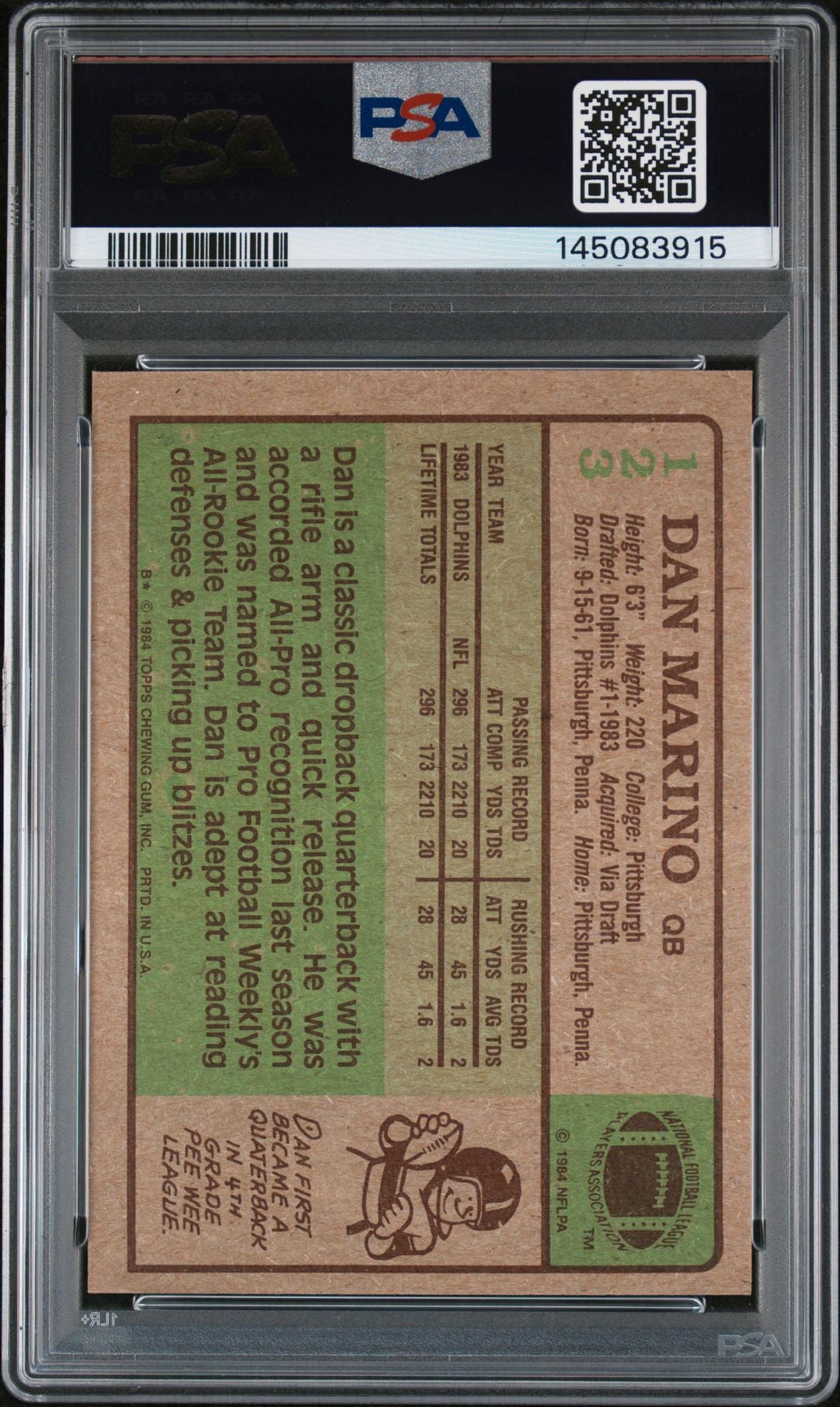 Dan Marino 1984 Topps Miami Dolphins Signed Football RC Rookie Card #123 Auto 10 Graded PSA 7 Cert #145083915-Powers Sports Memorabilia