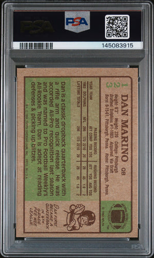 Dan Marino 1984 Topps Miami Dolphins Signed Football RC Rookie Card #123 Auto 10 Graded PSA 7 Cert #145083915-Powers Sports Memorabilia