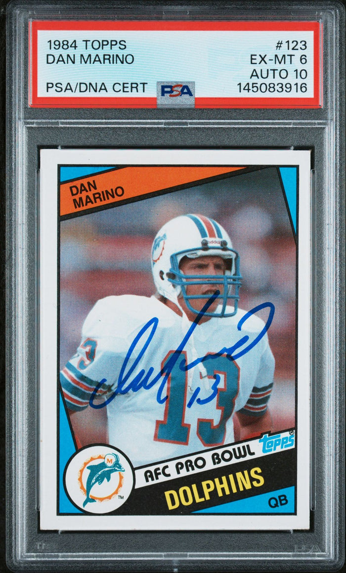 Dan Marino 1984 Topps Miami Dolphins Signed Football RC Rookie Card #123 RC Auto 10 Graded PSA 6 Cert #145083916-Powers Sports Memorabilia