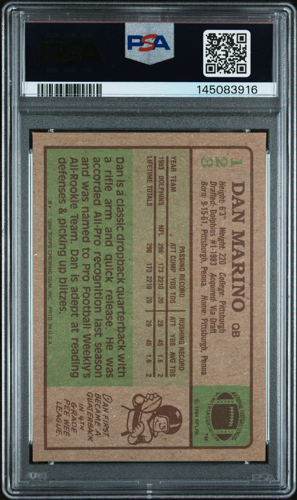 Dan Marino 1984 Topps Miami Dolphins Signed Football RC Rookie Card #123 RC Auto 10 Graded PSA 6 Cert #145083916-Powers Sports Memorabilia
