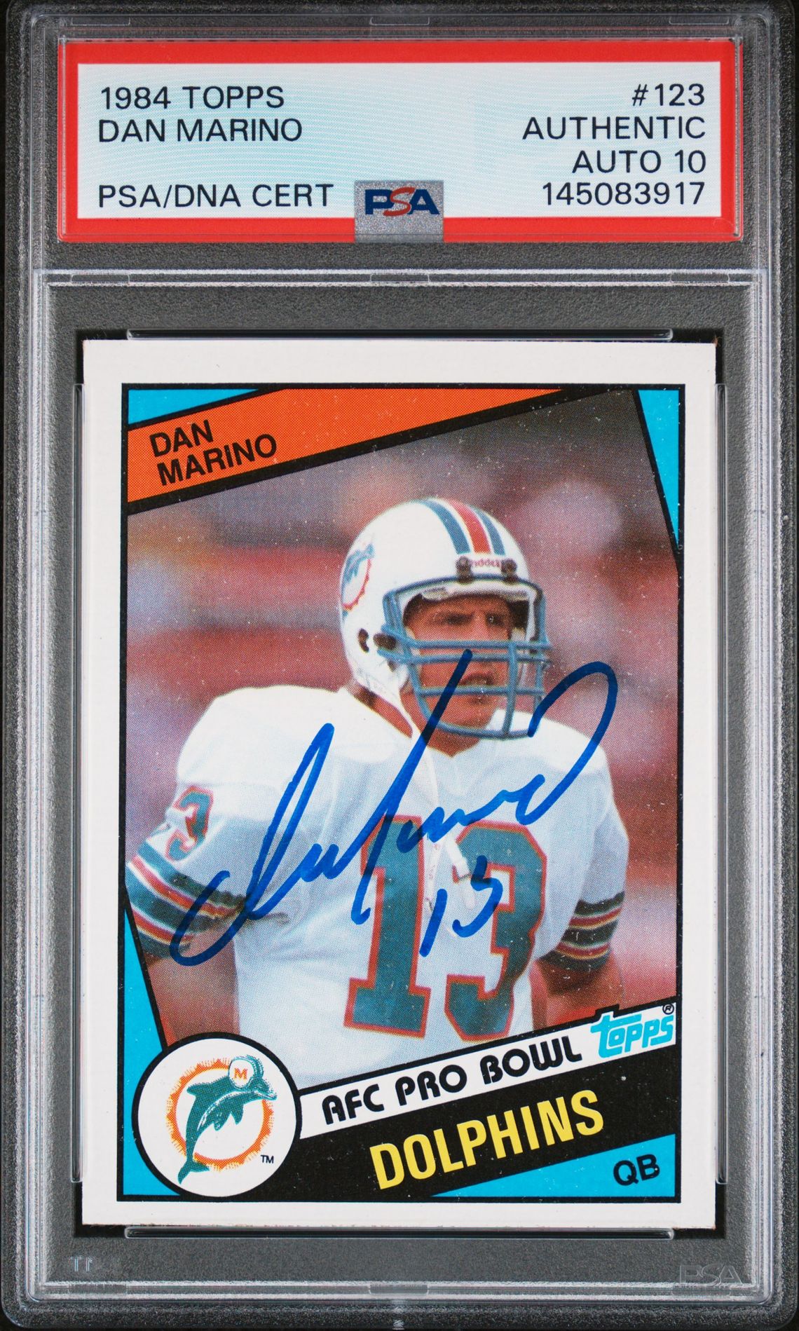 Dan Marino 1984 Topps Miami Dolphins Signed Football RC Rookie Card #123 RC Auto 10 PSA Authentic Cert #145083917-Powers Sports Memorabilia