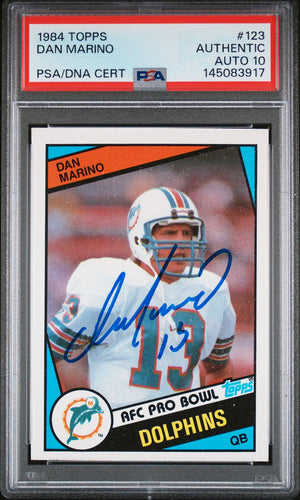 Dan Marino 1984 Topps Miami Dolphins Signed Football RC Rookie Card #123 RC Auto 10 PSA Authentic Cert #145083917-Powers Sports Memorabilia