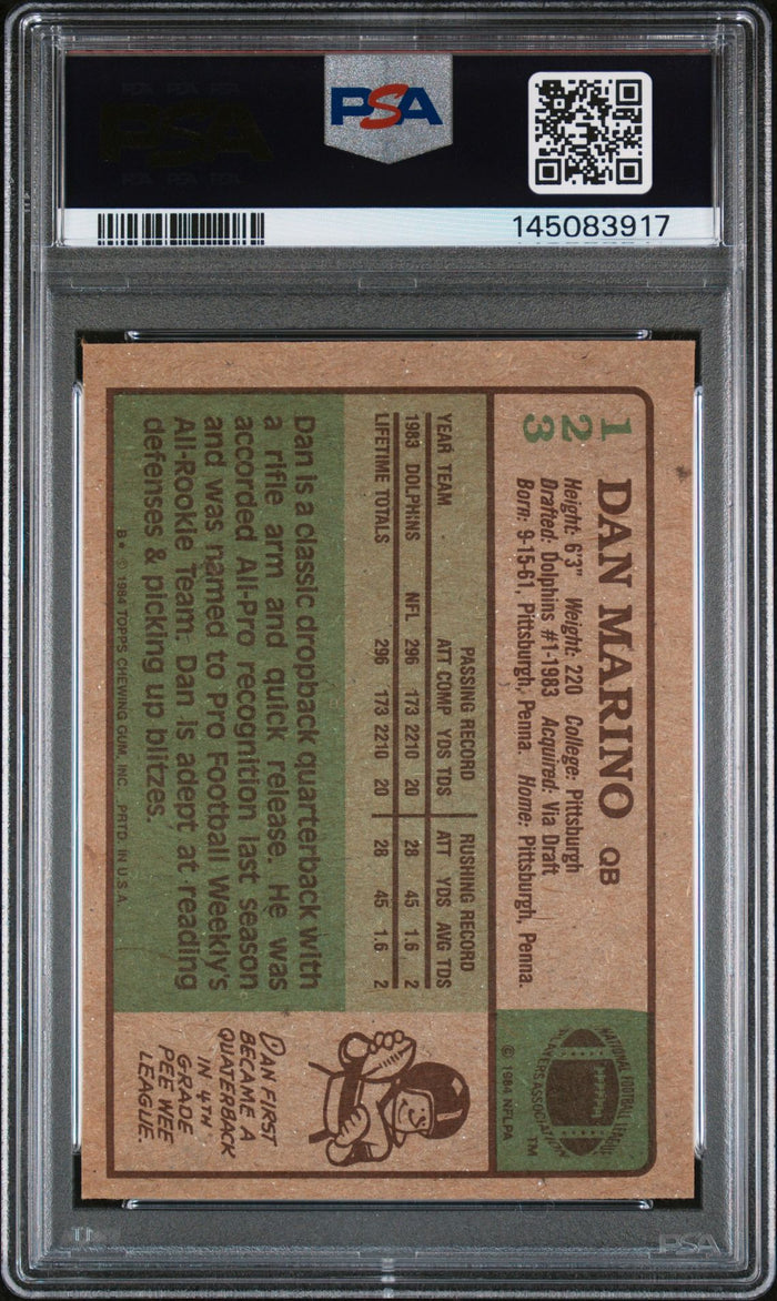 Dan Marino 1984 Topps Miami Dolphins Signed Football RC Rookie Card #123 RC Auto 10 PSA Authentic Cert #145083917-Powers Sports Memorabilia