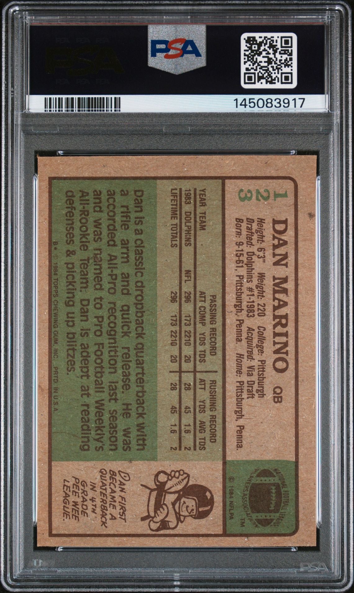 Dan Marino 1984 Topps Miami Dolphins Signed Football RC Rookie Card #123 RC Auto 10 PSA Authentic Cert #145083917-Powers Sports Memorabilia