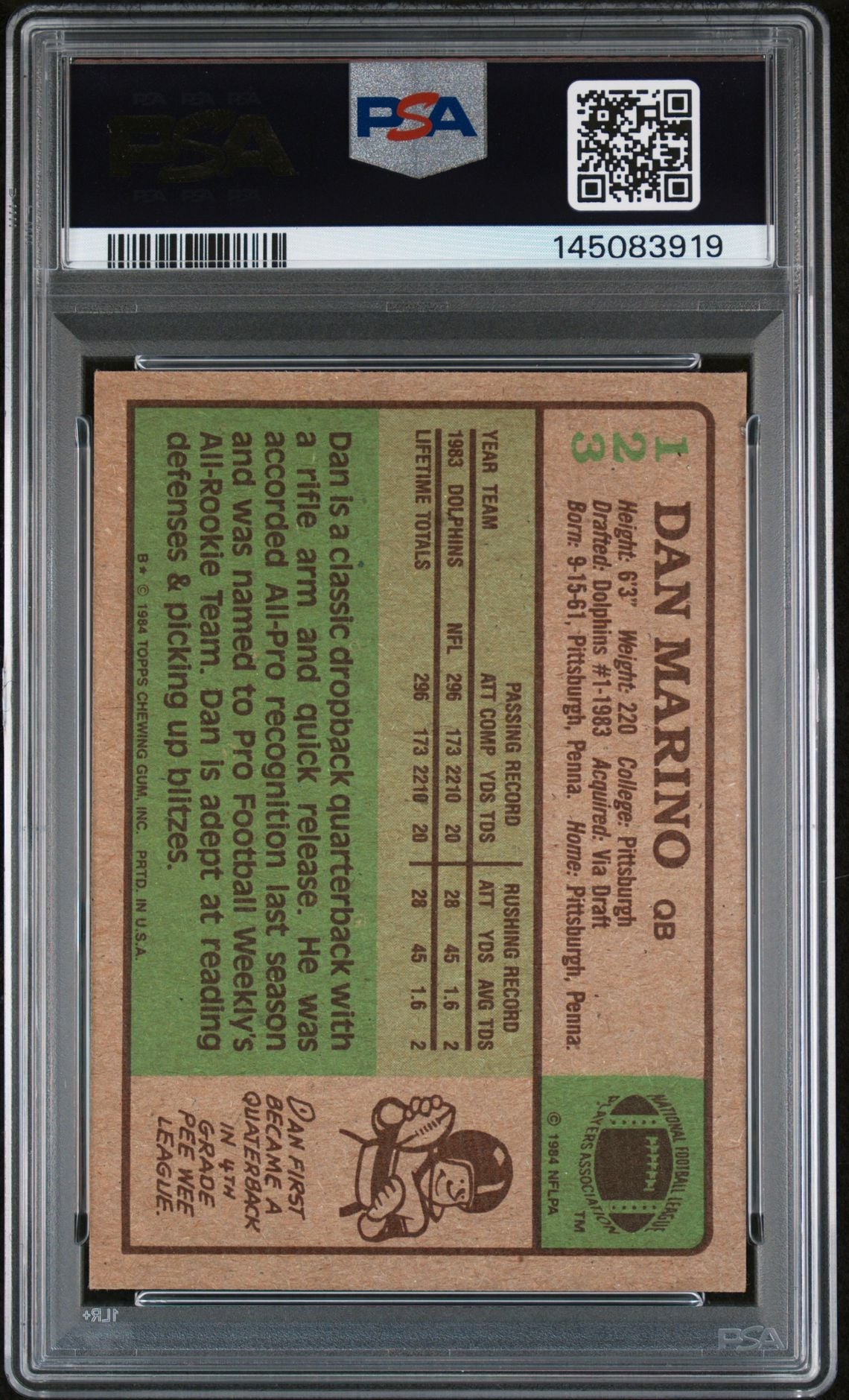 Dan Marino 1984 Topps Miami Dolphins Signed Football RC Rookie Card #123 RC Auto 9 Graded PSA 7 Cert #145083919-Powers Sports Memorabilia