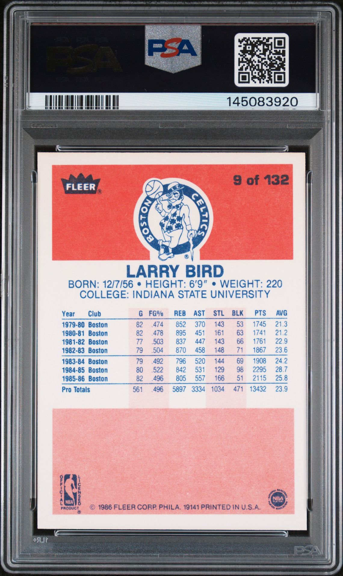 Larry Bird 1986 Fleer Boston Celtics Signed Basketball Card #9 Auto 10 Graded PSA 6 Cert #145083920-Powers Sports Memorabilia