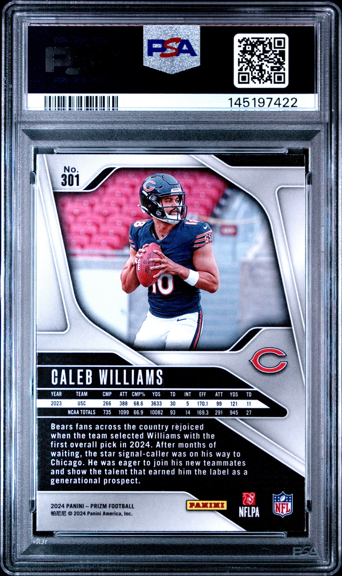 Caleb Williams 2024 Panini Prizm Chicago Bears Football RC Rookie Card #301 Graded PSA 8 Cert #145197422