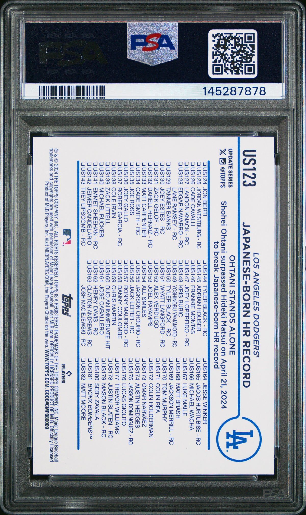 Shohei Ohtani 2024 Topps Update Royal Blue Card #US123 PSA 8