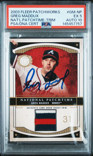 Greg Maddux 2003 Fleer Patchworks National Patchtime Trim Atlanta Braves Signed Baseball Jersey Game Worn Patch Card #GM-NP Graded PSA 5 Auto 10 Serial #40/200 Cert #145457757-Powers Sports Memorabilia