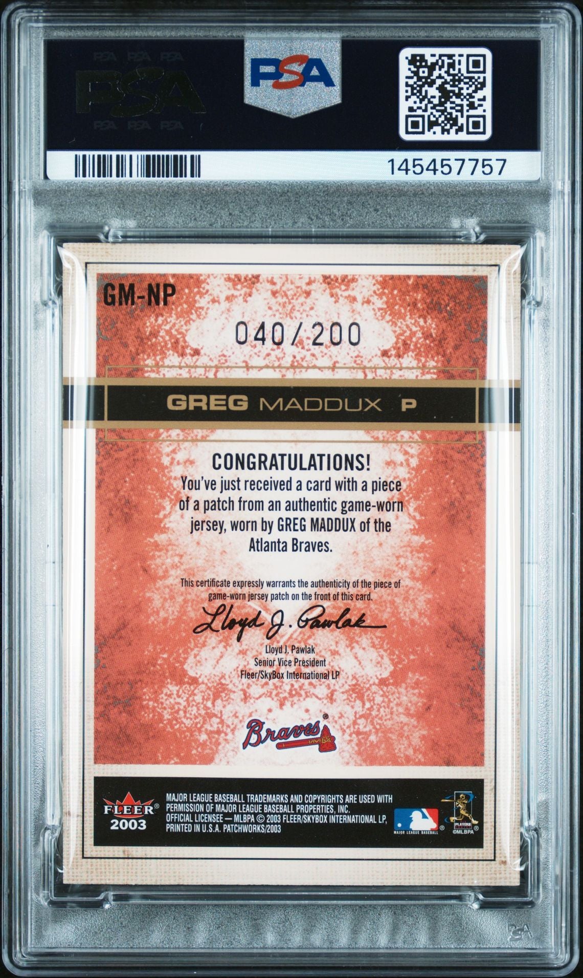 Greg Maddux 2003 Fleer Patchworks National Patchtime Trim Atlanta Braves Signed Baseball Jersey Game Worn Patch Card #GM-NP Graded PSA 5 Auto 10 Serial #40/200 Cert #145457757-Powers Sports Memorabilia