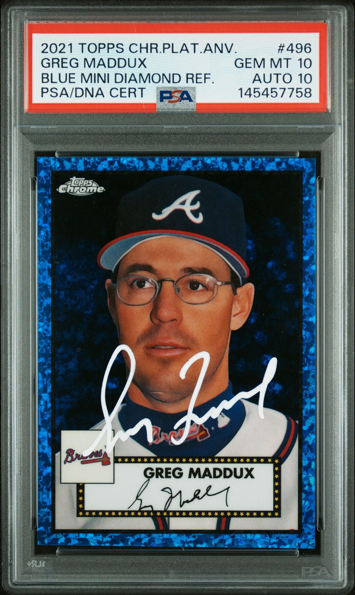 Greg Maddux 2021 Topps Chrome Platinum Anniversary Blue Mini Diamond Refractor Atlanta Braves Signed Baseball Card #496 Graded PSA 10 Auto 10 Serial #154/199 Cert #145457758-Powers Sports Memorabilia