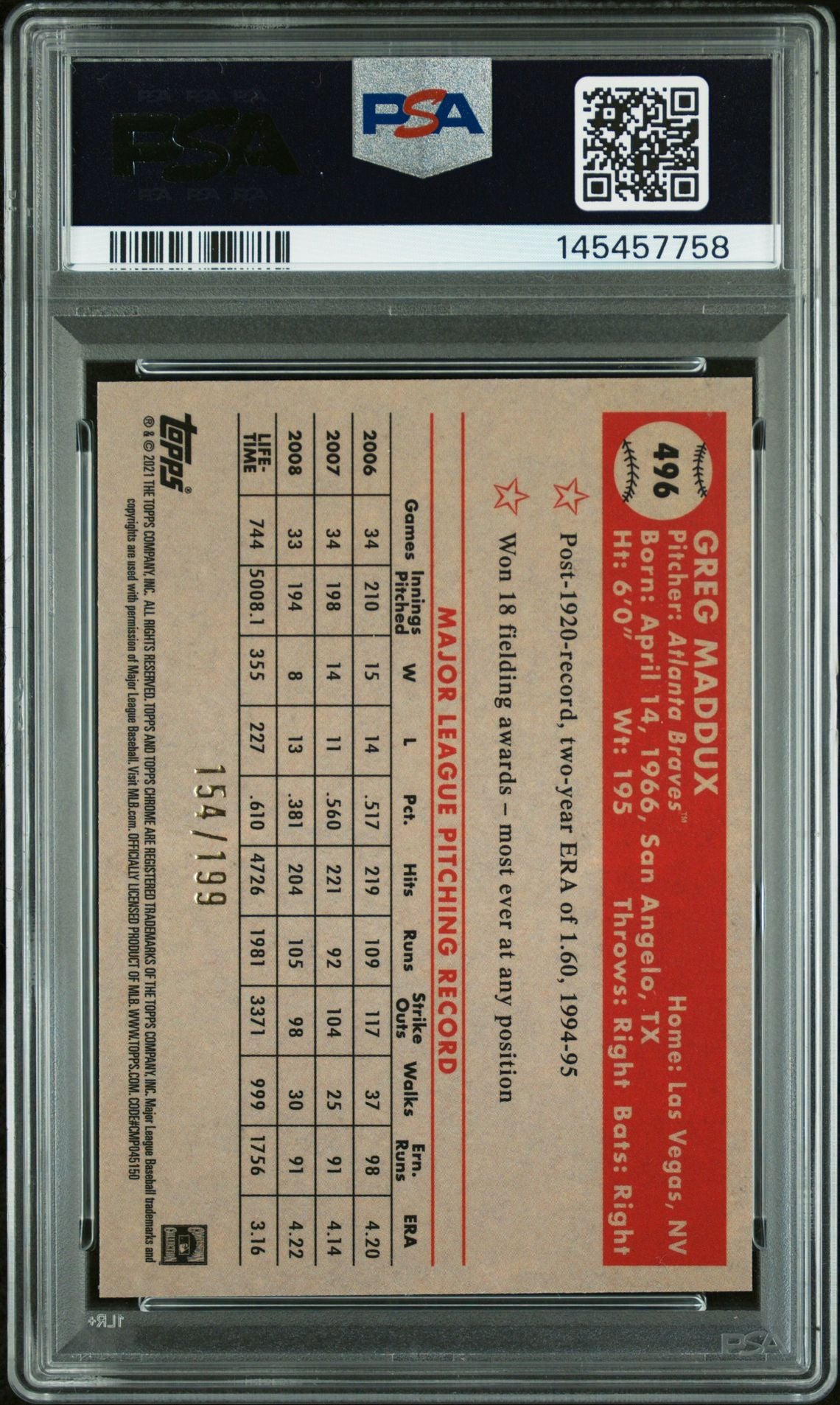 Greg Maddux 2021 Topps Chrome Platinum Anniversary Blue Mini Diamond Refractor Atlanta Braves Signed Baseball Card #496 Graded PSA 10 Auto 10 Serial #154/199 Cert #145457758-Powers Sports Memorabilia