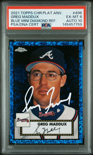 Greg Maddux 2021 Topps Chrome Platinum Anniversary Blue Mini Diamond Refractor Atlanta Braves Signed Baseball Card #496 Graded PSA 6 Auto 10 Serial #137/199 Cert #145457759-Powers Sports Memorabilia