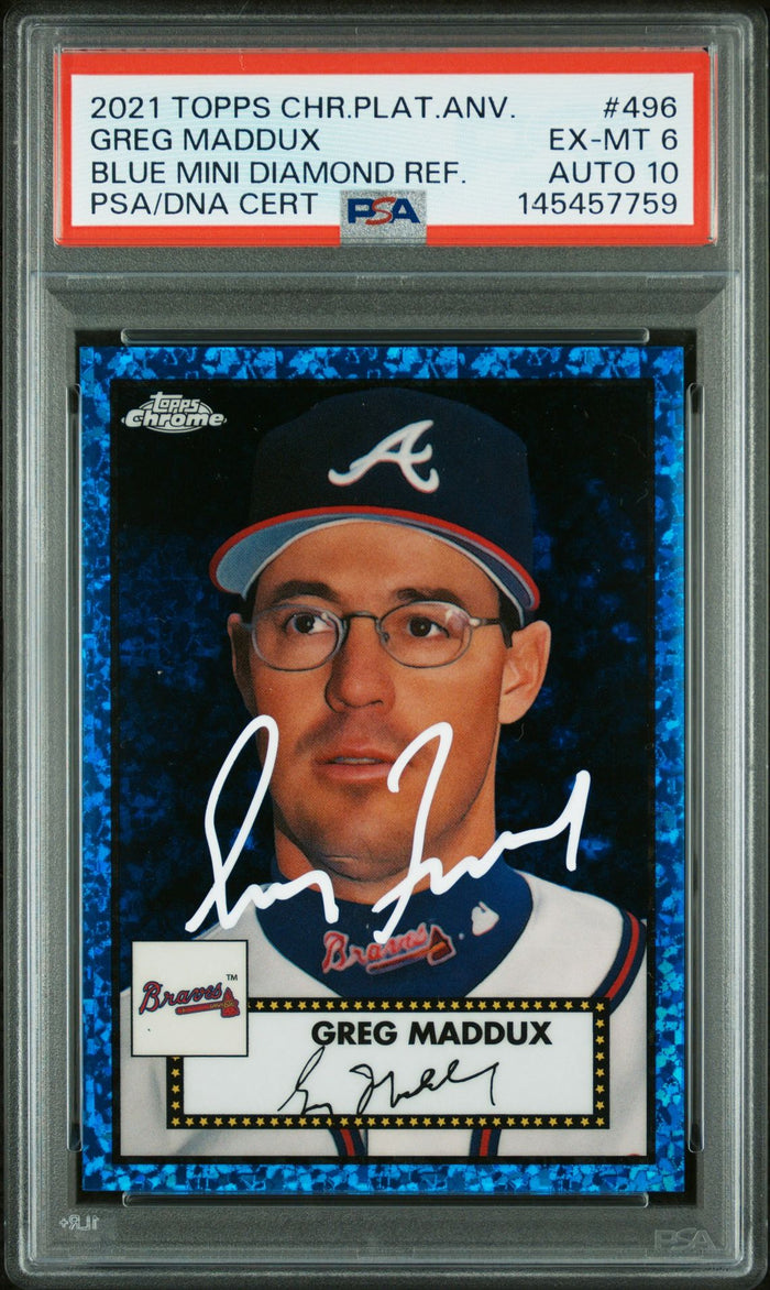 Greg Maddux 2021 Topps Chrome Platinum Anniversary Blue Mini Diamond Refractor Atlanta Braves Signed Baseball Card #496 Graded PSA 6 Auto 10 Serial #137/199 Cert #145457759-Powers Sports Memorabilia