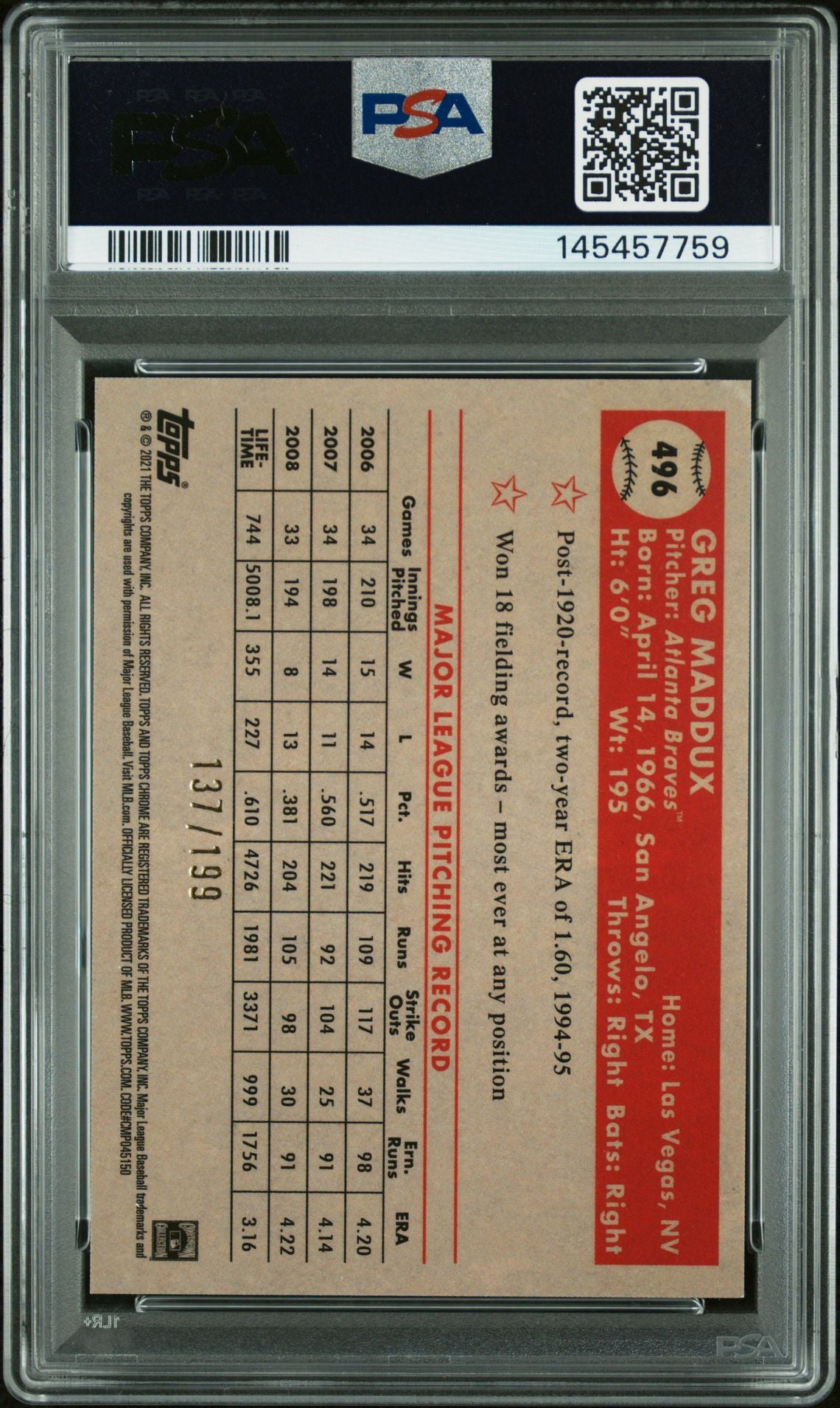 Greg Maddux 2021 Topps Chrome Platinum Anniversary Blue Mini Diamond Refractor Atlanta Braves Signed Baseball Card #496 Graded PSA 6 Auto 10 Serial #137/199 Cert #145457759-Powers Sports Memorabilia