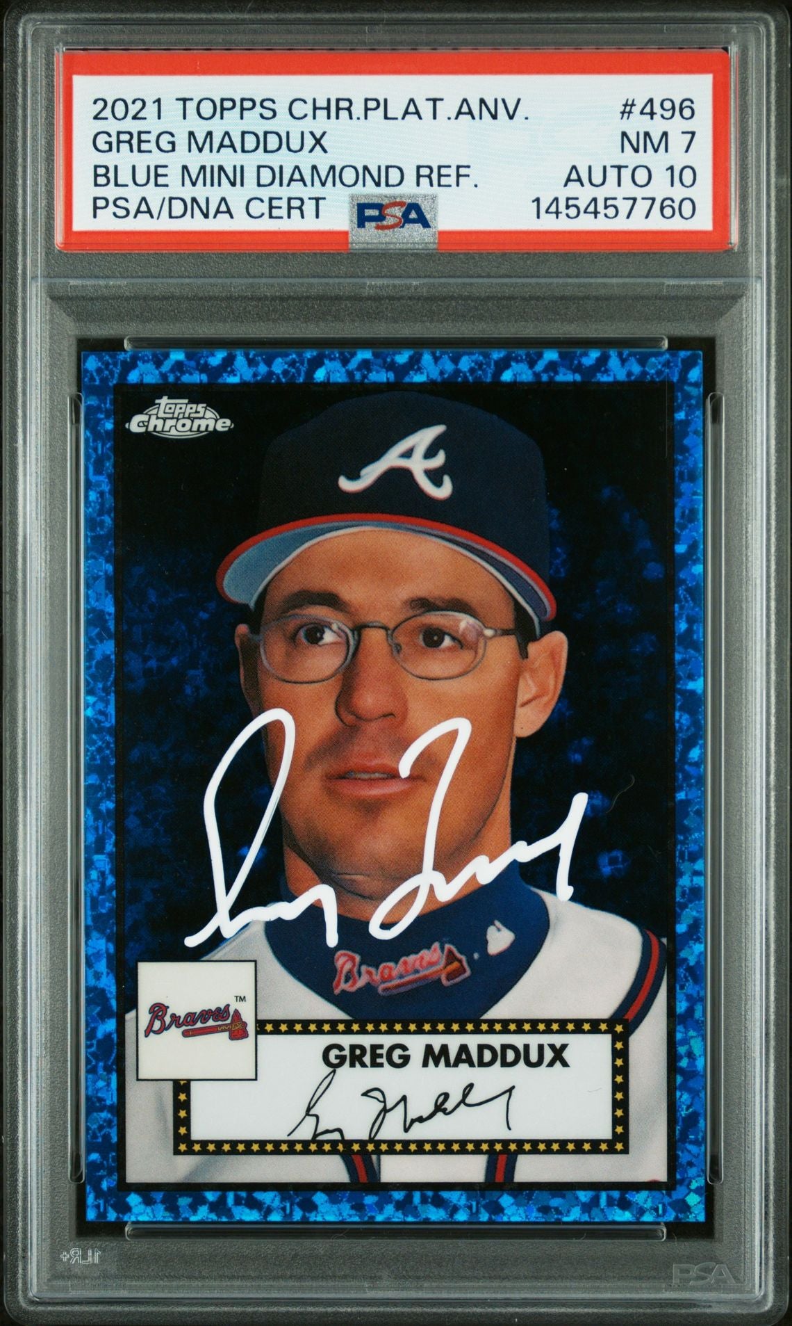 Greg Maddux 2021 Topps Chrome Platinum Anniversary Blue Mini Diamond Refractor Atlanta Braves Signed Baseball Card #496 Graded PSA 7 Auto 10 Serial #39/199 Cert #145457760-Powers Sports Memorabilia