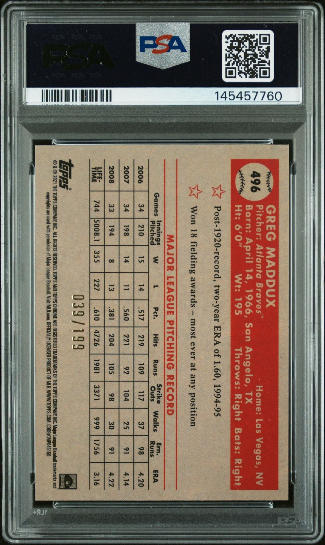 Greg Maddux 2021 Topps Chrome Platinum Anniversary Blue Mini Diamond Refractor Atlanta Braves Signed Baseball Card #496 Graded PSA 7 Auto 10 Serial #39/199 Cert #145457760-Powers Sports Memorabilia