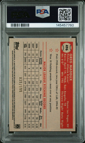 Greg Maddux 2021 Topps Chrome Platinum Anniversary Blue Mini Diamond Refractor Atlanta Braves Signed Baseball Card #496 Graded PSA 7 Auto 10 Serial #39/199 Cert #145457760-Powers Sports Memorabilia