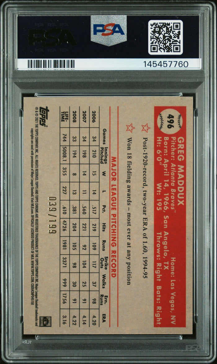 Greg Maddux 2021 Topps Chrome Platinum Anniversary Blue Mini Diamond Refractor Atlanta Braves Signed Baseball Card #496 Graded PSA 7 Auto 10 Serial #39/199 Cert #145457760-Powers Sports Memorabilia